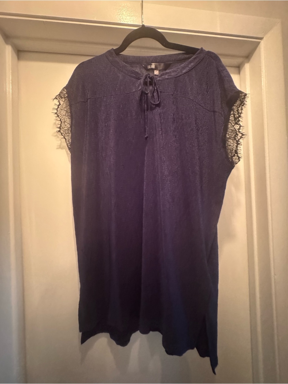 Women’s Lularoe Elegant Grace Navy Lace-Trim Tie-Neck Top